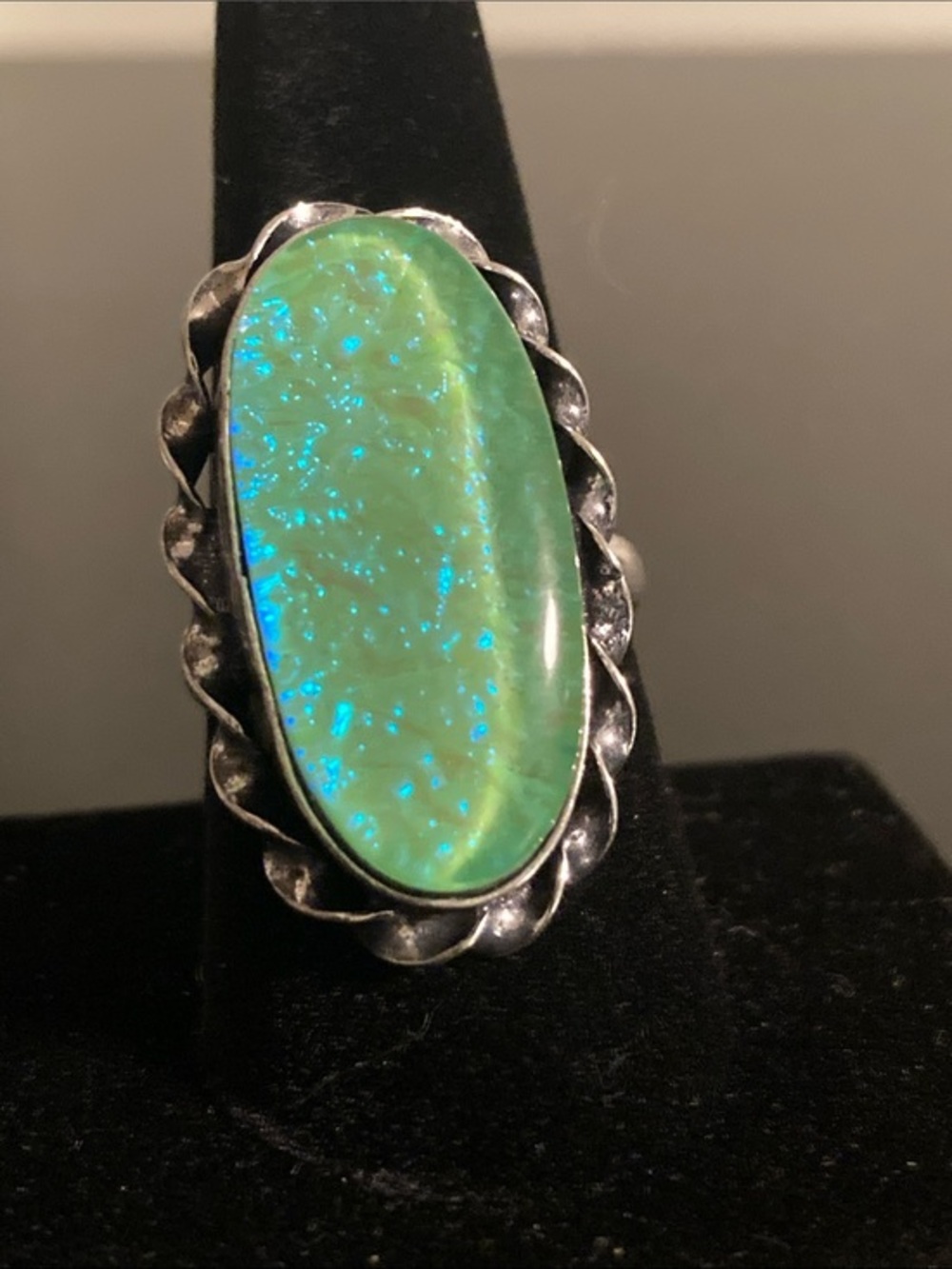 Sterling Silver Green-Blue Opal Statement Ring size 10